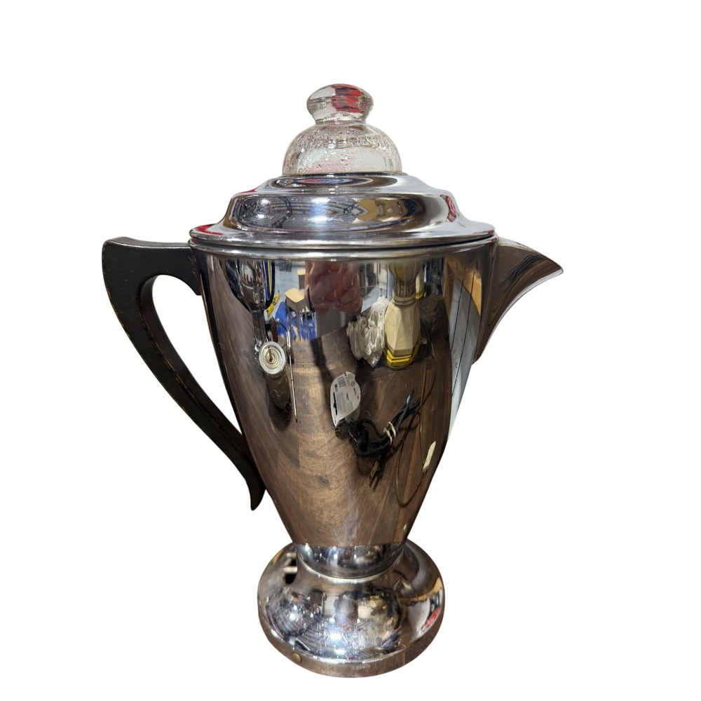 Vintage Chrome Coffee Percolator with Glass Knob and Black Handle Retro Kitchen